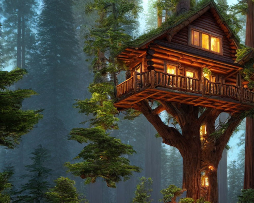 Cozy treehouse with lit windows in misty forest