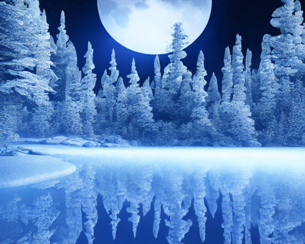 Snow-covered trees, full moon, calm lake: serene nighttime scene.