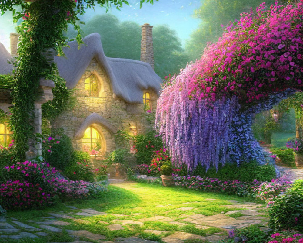 Thatched roof stone cottage surrounded by vibrant flowers