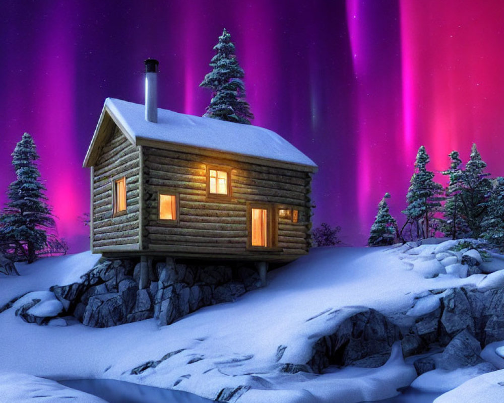 Snowy landscape: Cozy log cabin under aurora borealis