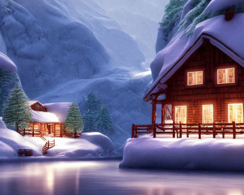 Snow-covered hills, frozen lake, cozy cabin: Winter scene.