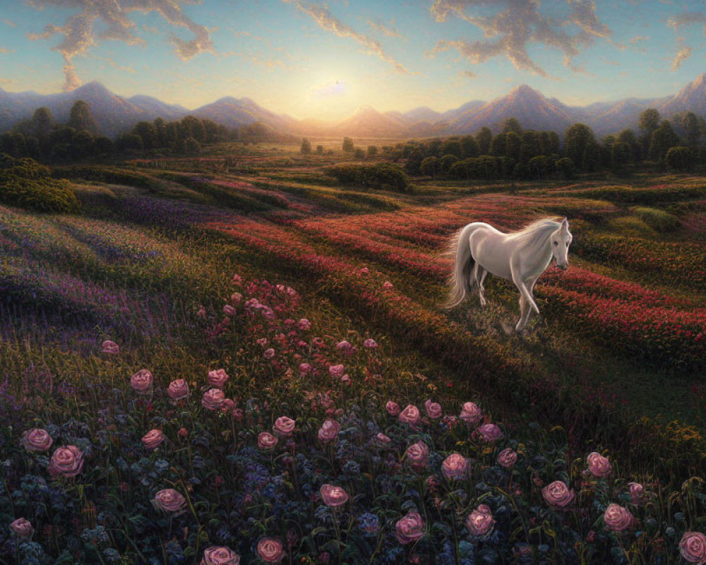 Majestic white horse in vibrant flower field with mountains and sunrise