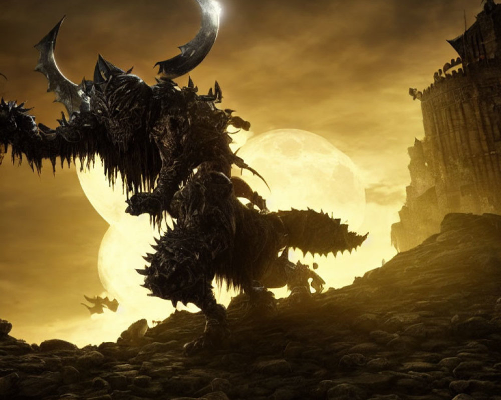 Armored beast under dual-moon sky near castle in dark fantasy scene