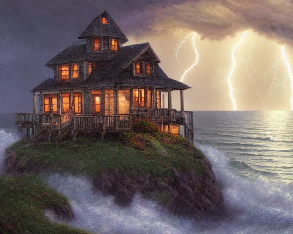Seaside cliff wooden house struck by lightning