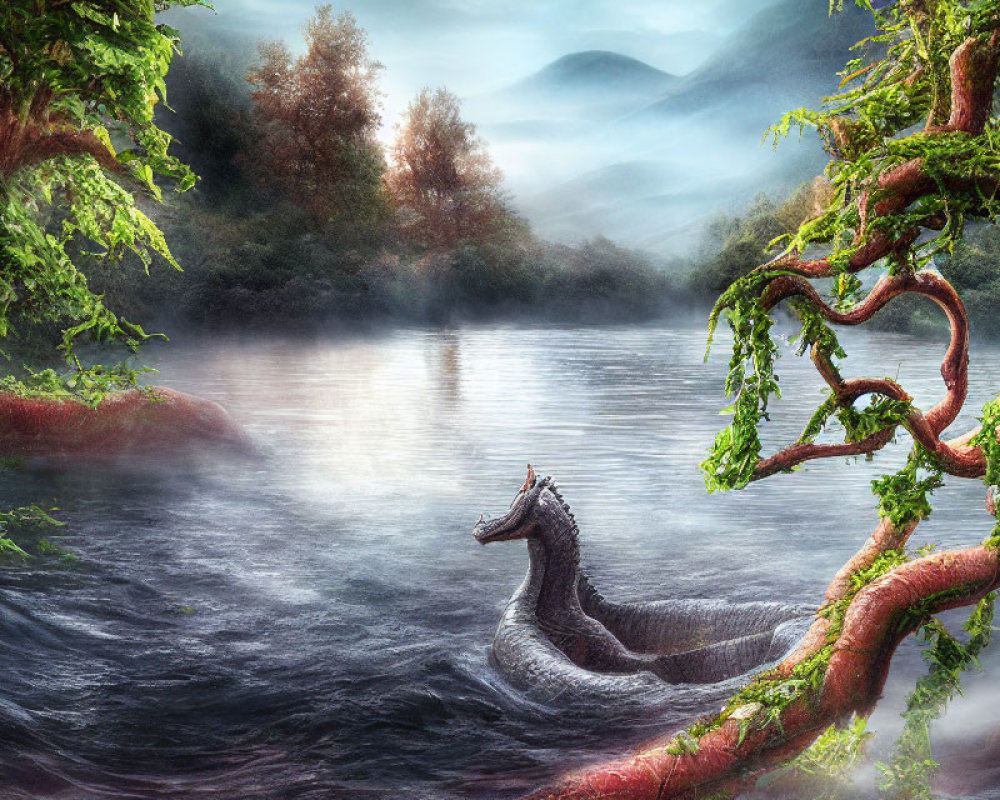 Mystical serpent-like creature in misty forest river
