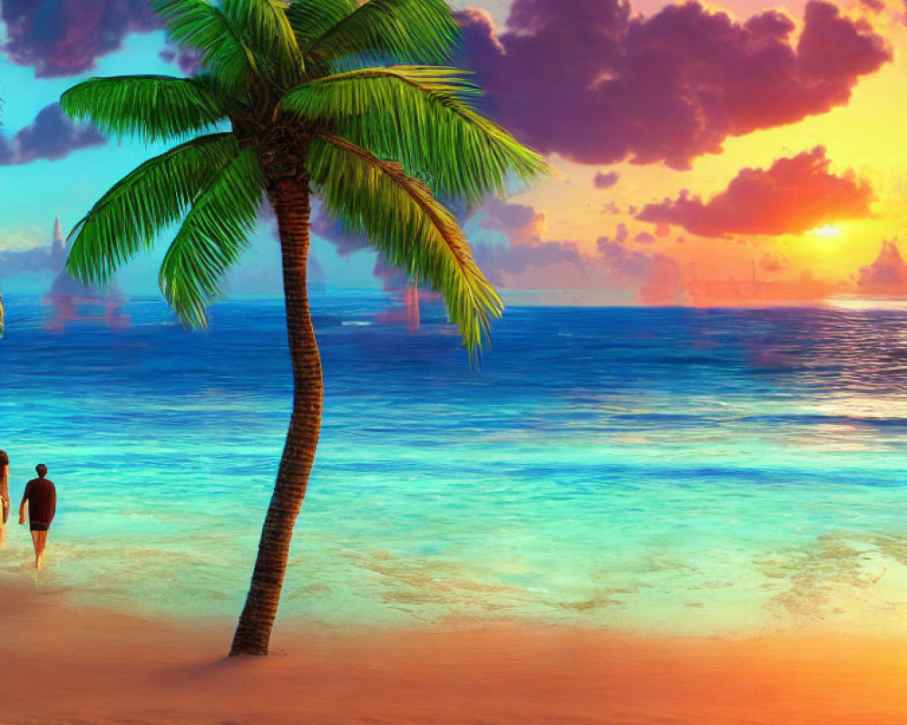 Sunset beach scene with palm tree and turquoise sea
