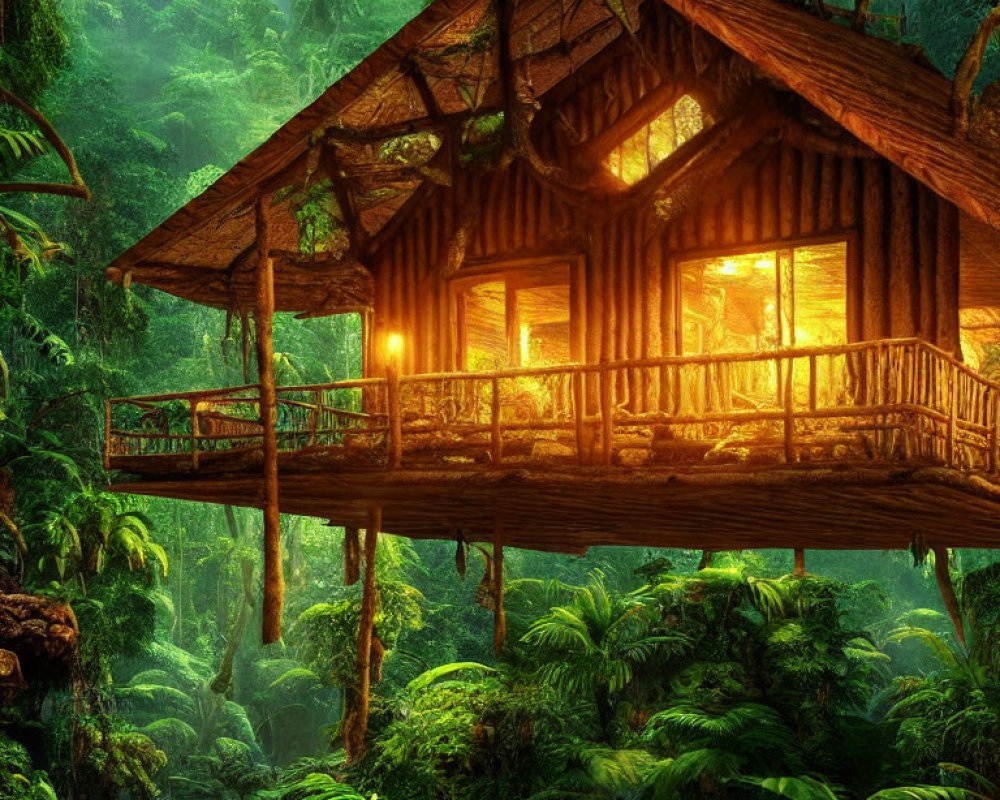 Rustic wooden treehouse in lush jungle setting at twilight