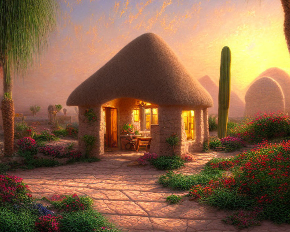 Thatched roof stone cottage in lush garden at sunset