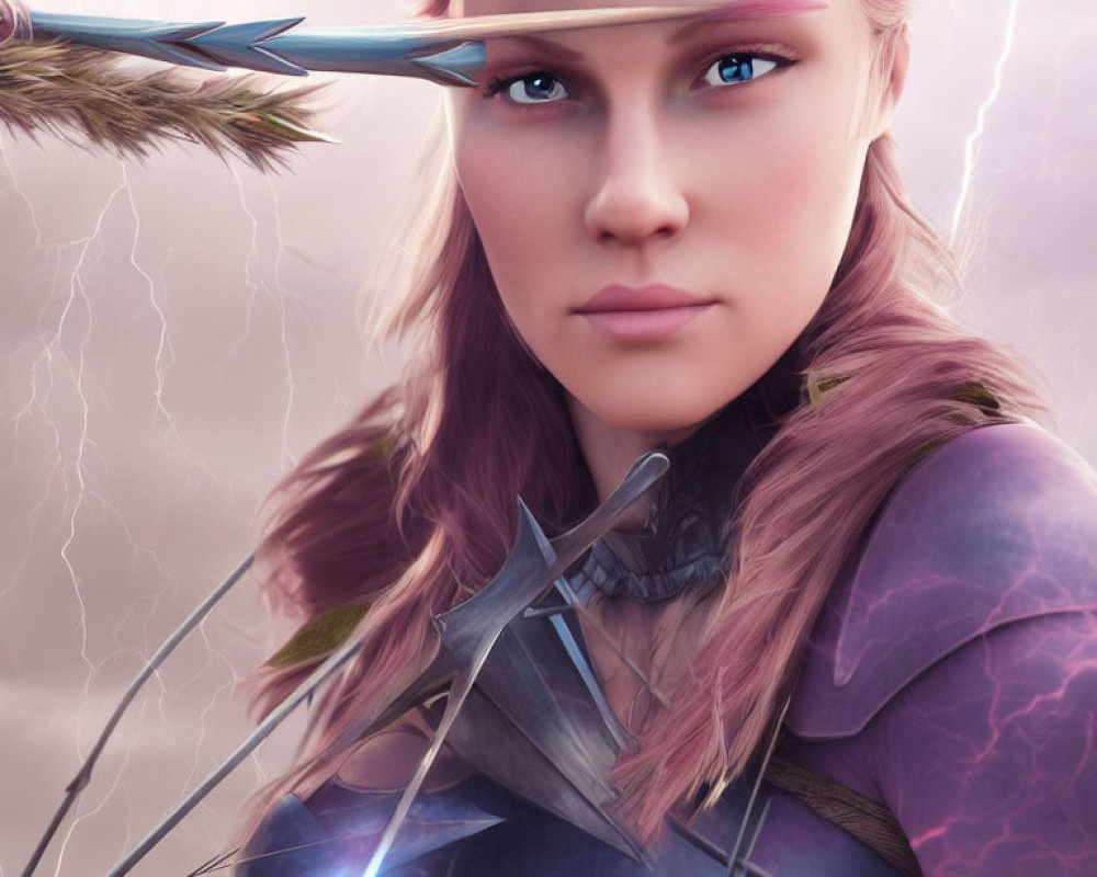 Female warrior digital art: pink-haired archer in purple armor with lightning backdrop