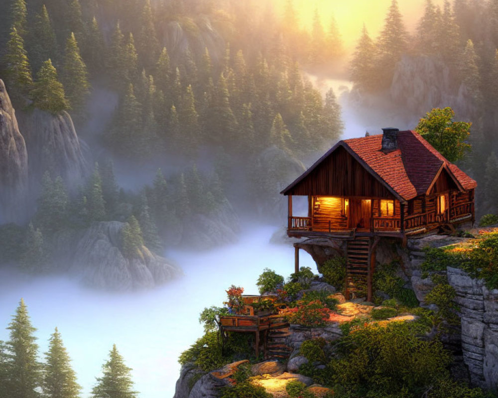 Rustic wooden cabin with lit porch in misty forest at sunrise