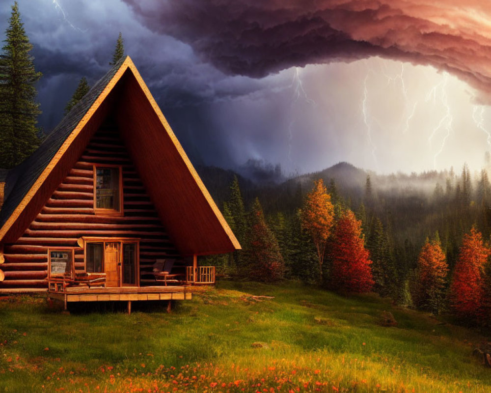 Rustic wooden cabin in autumn forest under stormy sky with lightning