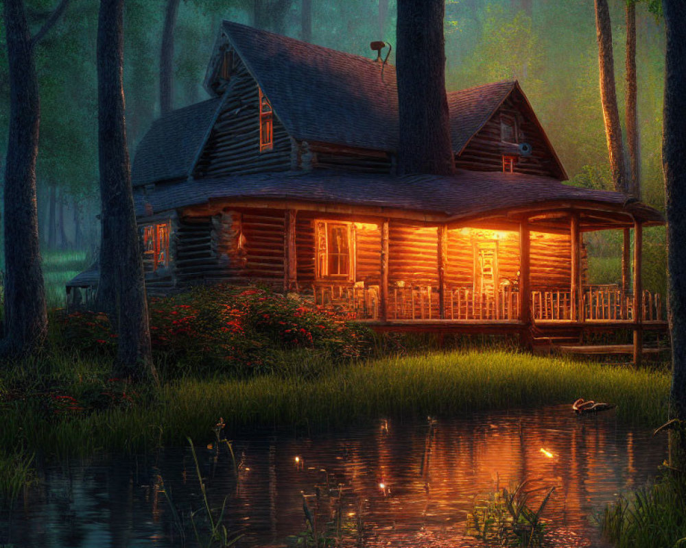 Rustic cabin in forest by tranquil pond at dusk