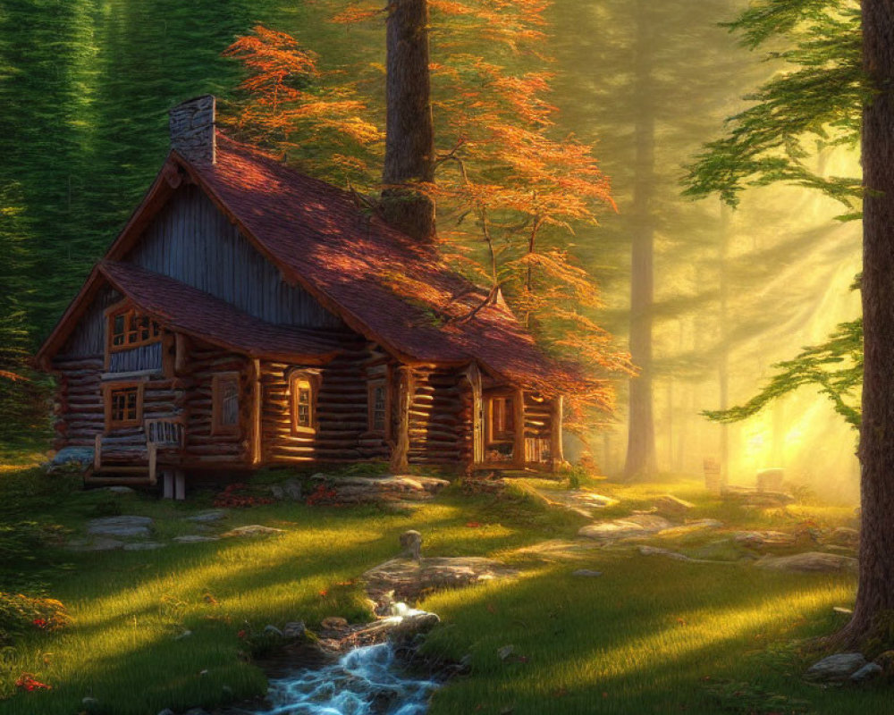 Cozy log cabin in autumn forest by stream