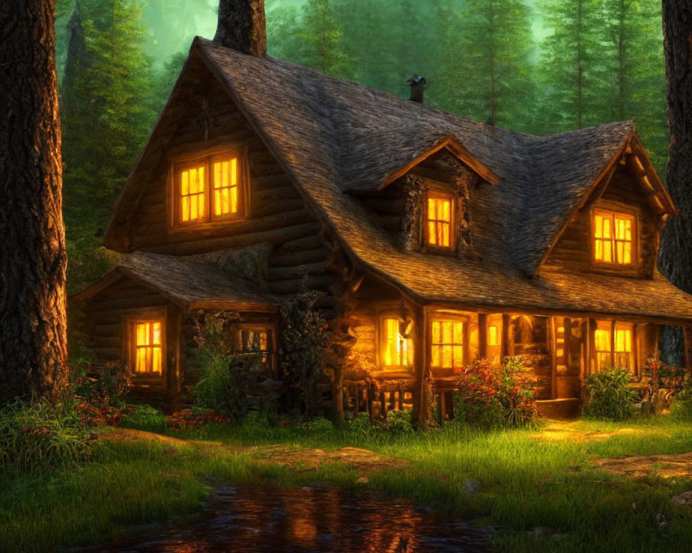 Twilight forest log cabin with warm glow