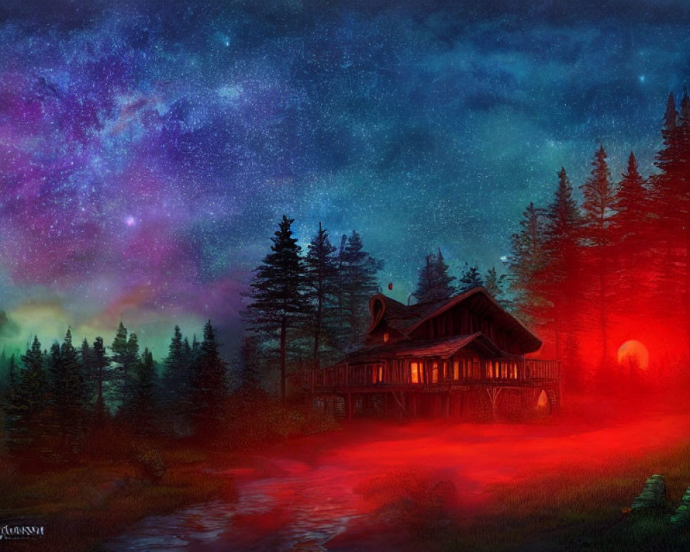 Mystical forest cabin under starry sky with nebula, pine trees, and red mist at