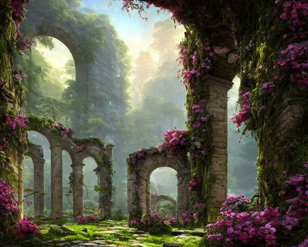 Moss-covered ruins with pink flowers under forest sunlight