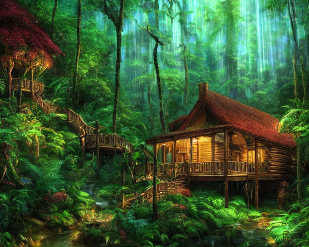 Rustic wooden cabin in lush green forest with thatched roof