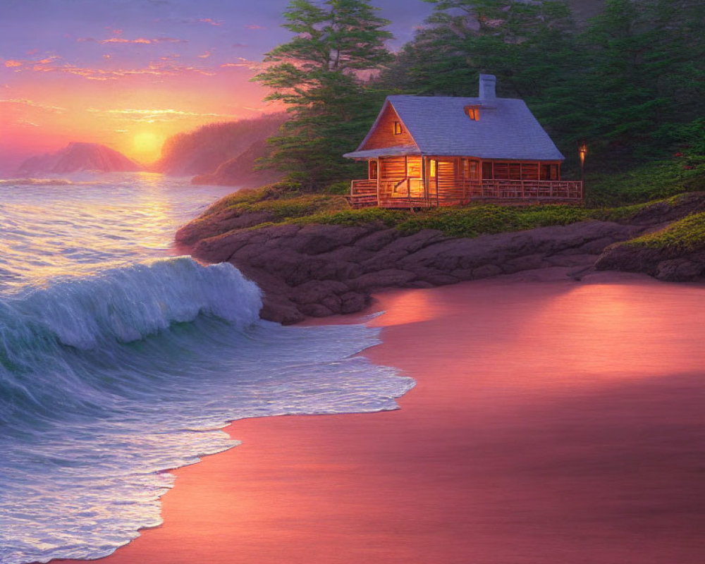Scenic seaside sunset with cozy cabin on rocky outcrop