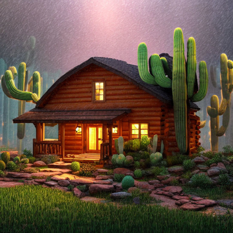 Rustic log cabin with glowing porch light in desert twilight