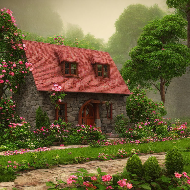 Quaint stone cottage with red roof in lush garden setting
