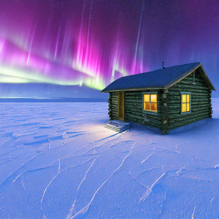 Snowy landscape: Cozy log cabin under aurora borealis
