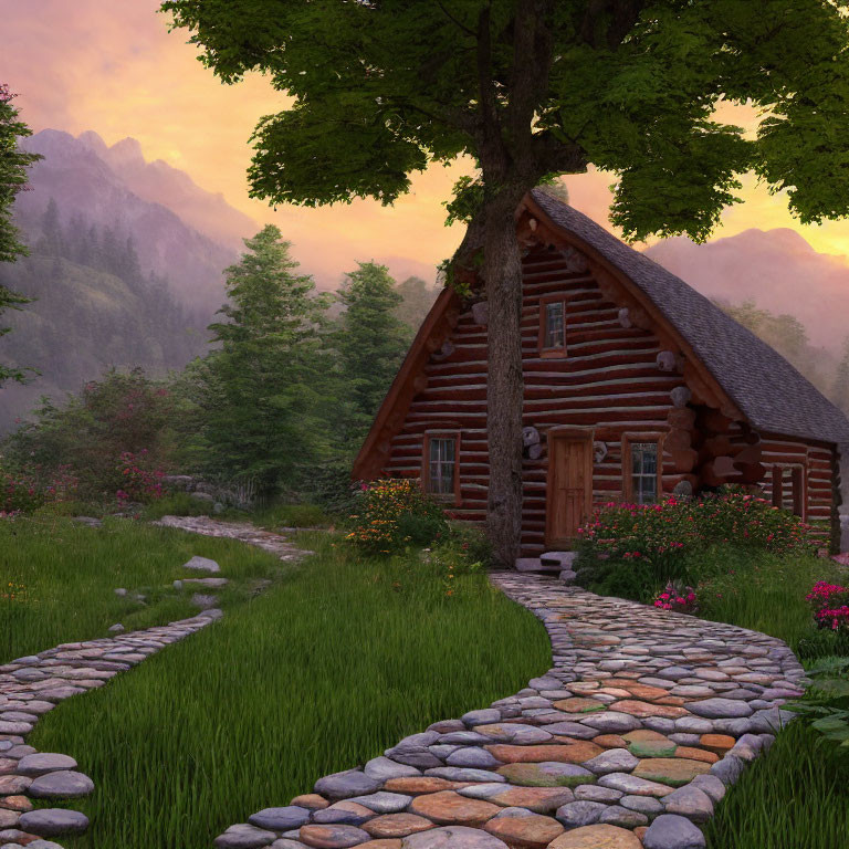 Rustic log cabin with stone pathway, surrounded by flowers, forest, and mountains at sunset