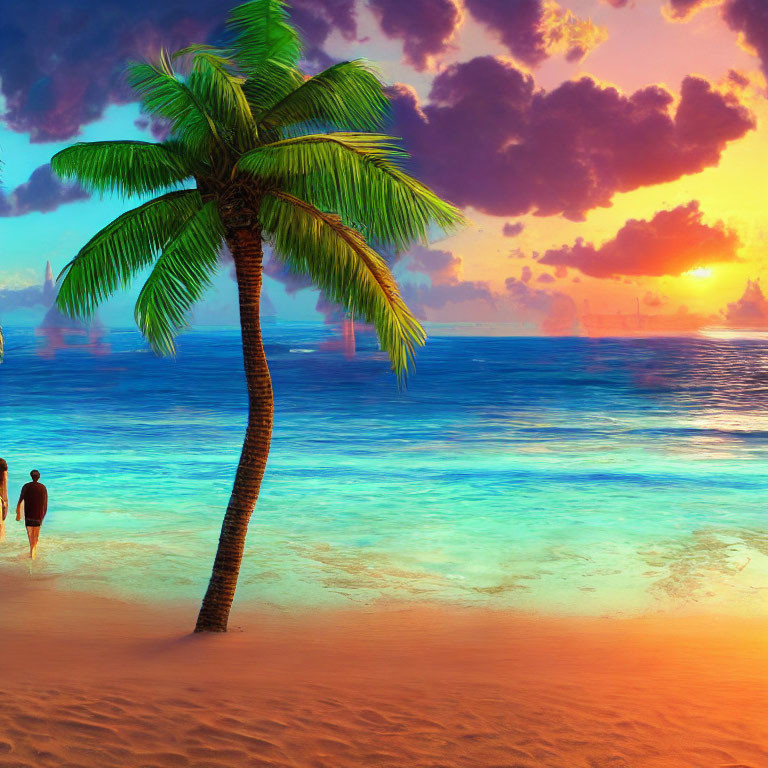 Sunset beach scene with palm tree and turquoise sea