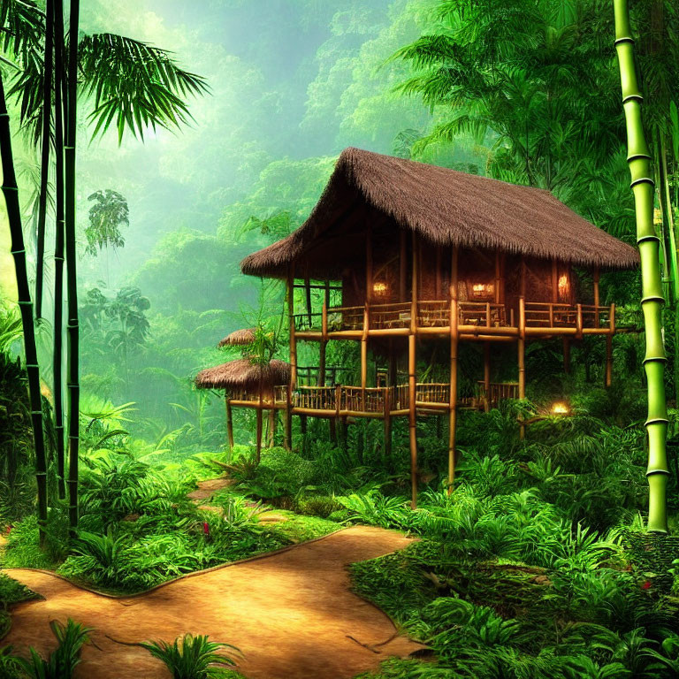 Tranquil bamboo house in lush jungle with meandering path