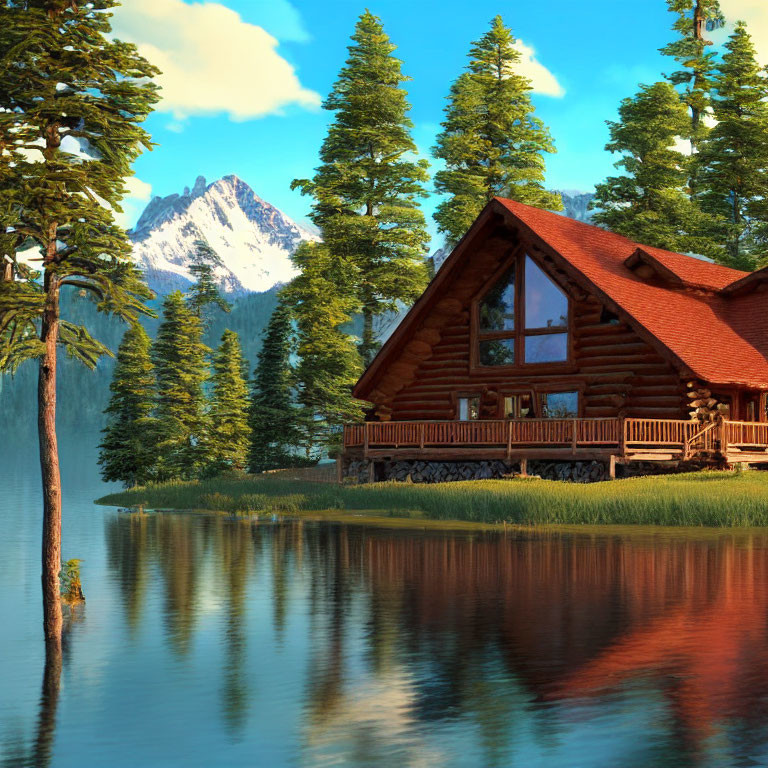 Rustic log cabin by serene lake with pine trees and snowy mountain