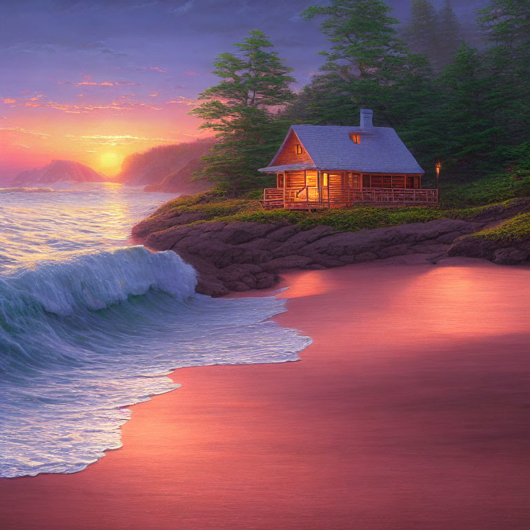 Scenic seaside sunset with cozy cabin on rocky outcrop
