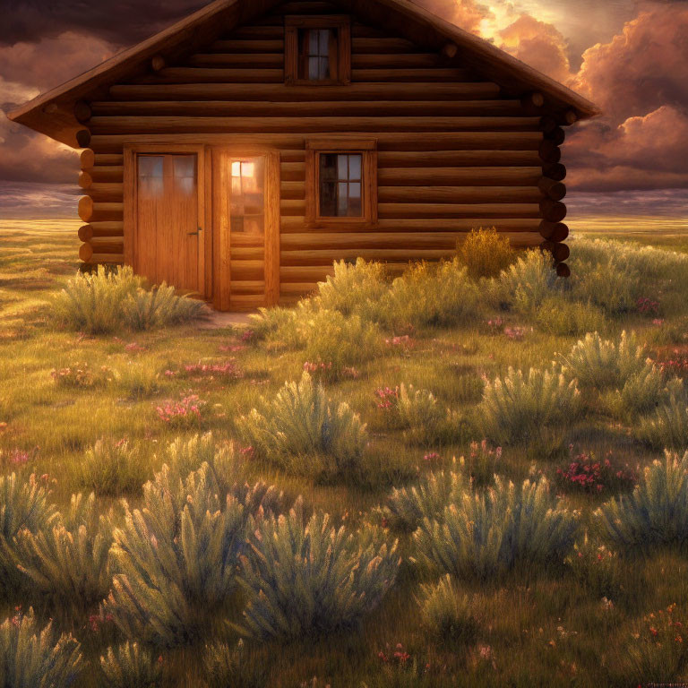 Serene Field with Rustic Log Cabin and Vibrant Flowers