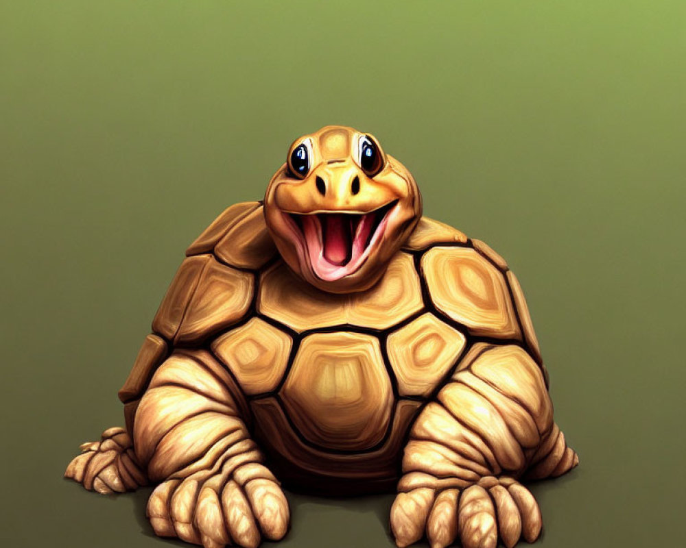 Happy cartoon turtle with detailed shell on green background