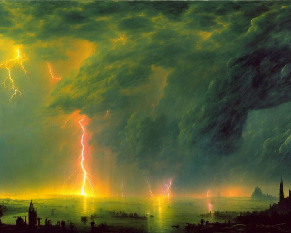 Stormy Landscape Painting with Lightning Strikes and City Silhouette
