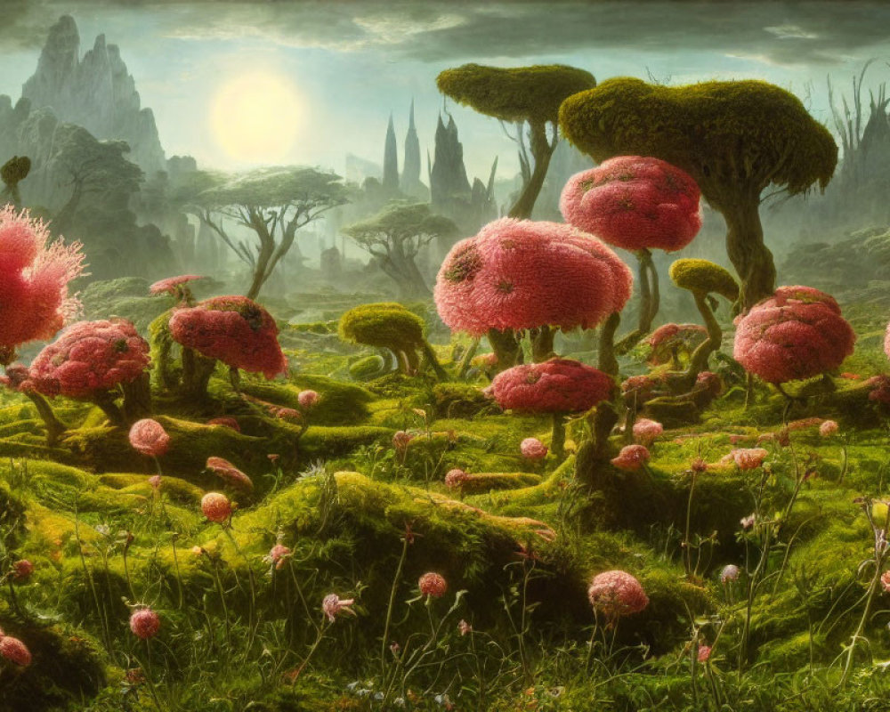Fantasy landscape with lush greenery, pink-topped trees, and towering spires