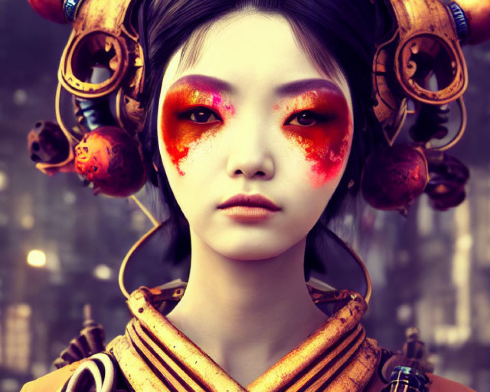 Futuristic digital artwork of woman with steampunk-inspired headgear and eye makeup