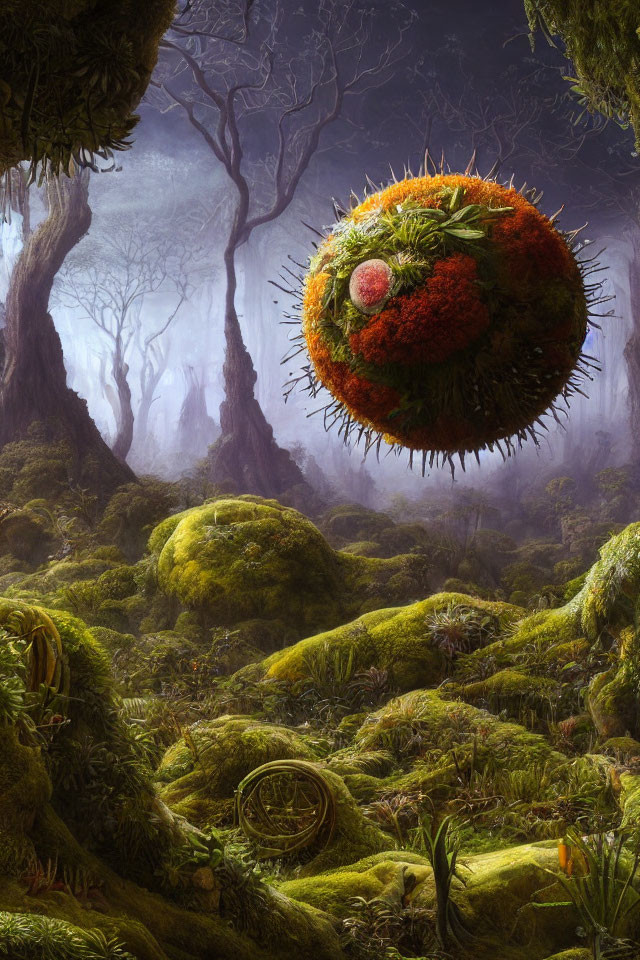 Vibrant Moss and Surreal Sphere in Fantastical Forest