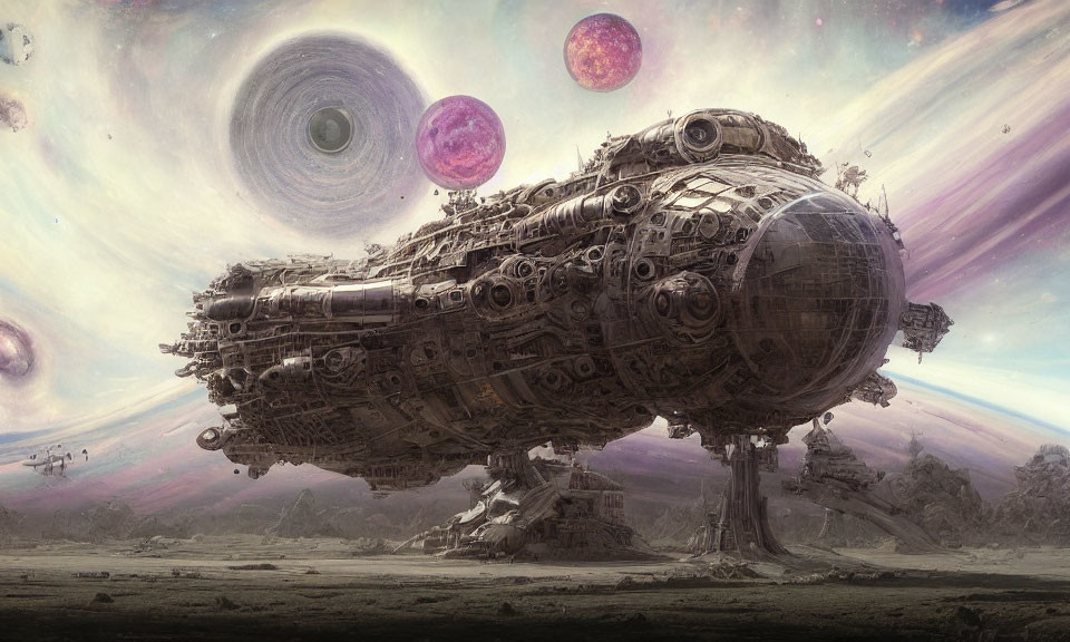 Gigantic spaceship on barren landscape with celestial bodies in the sky