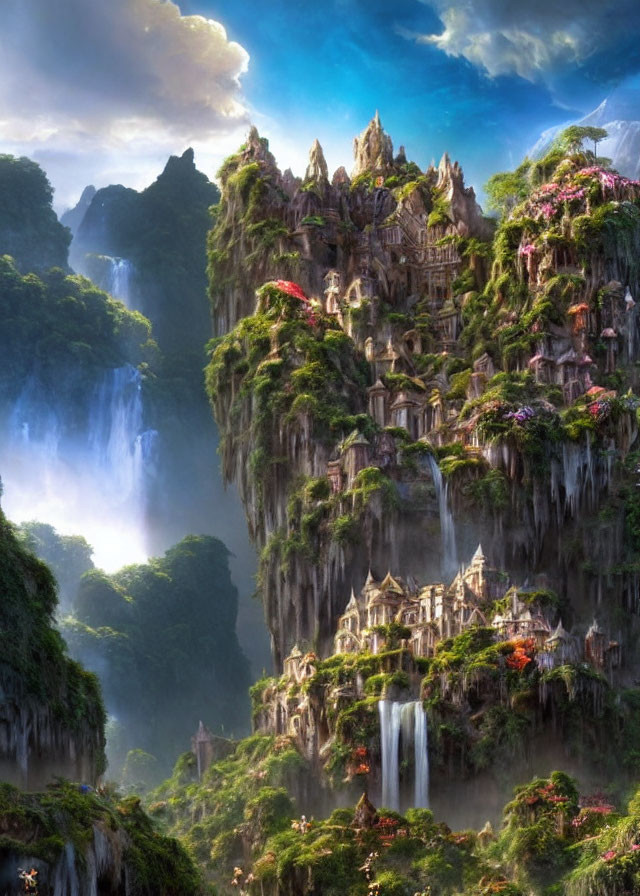 Majestic landscape with cliffs, waterfalls, and ornate buildings amid lush flora
