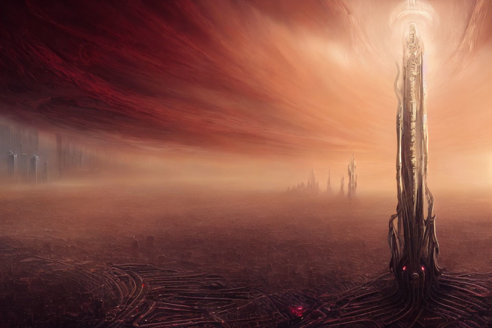 Ethereal sci-fi landscape with towering structure under red sky
