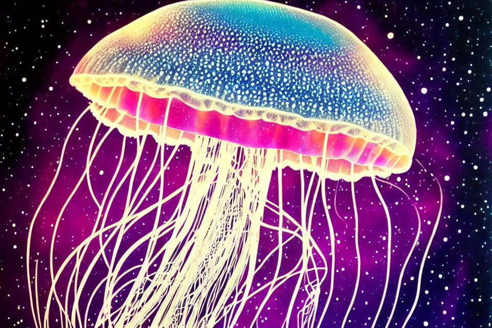 Colorful Jellyfish Illustration Against Starry Space Background