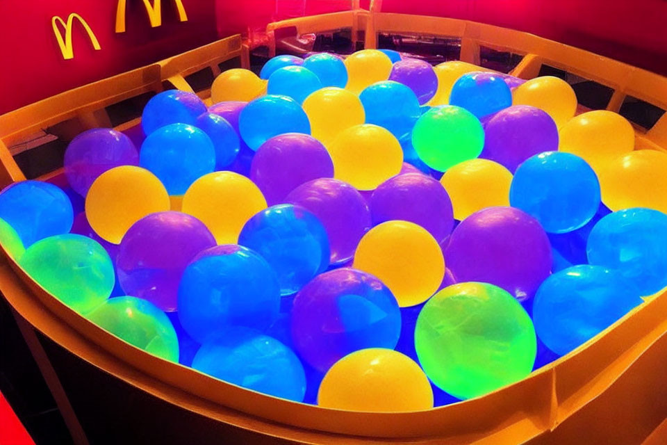 Vibrant ball pit with colorful balls in red-walled room and McDonald's logo visible
