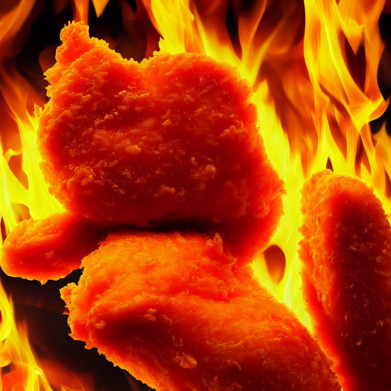 Three spicy chicken nuggets on fiery background.