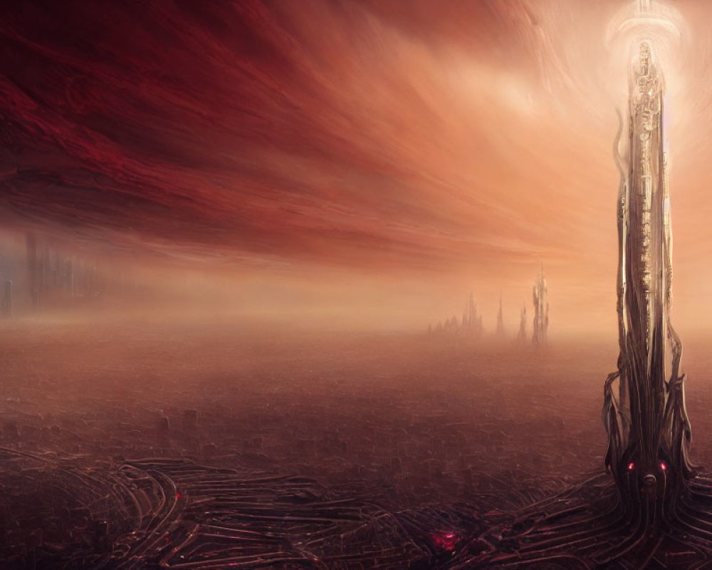 Ethereal sci-fi landscape with towering structure under red sky