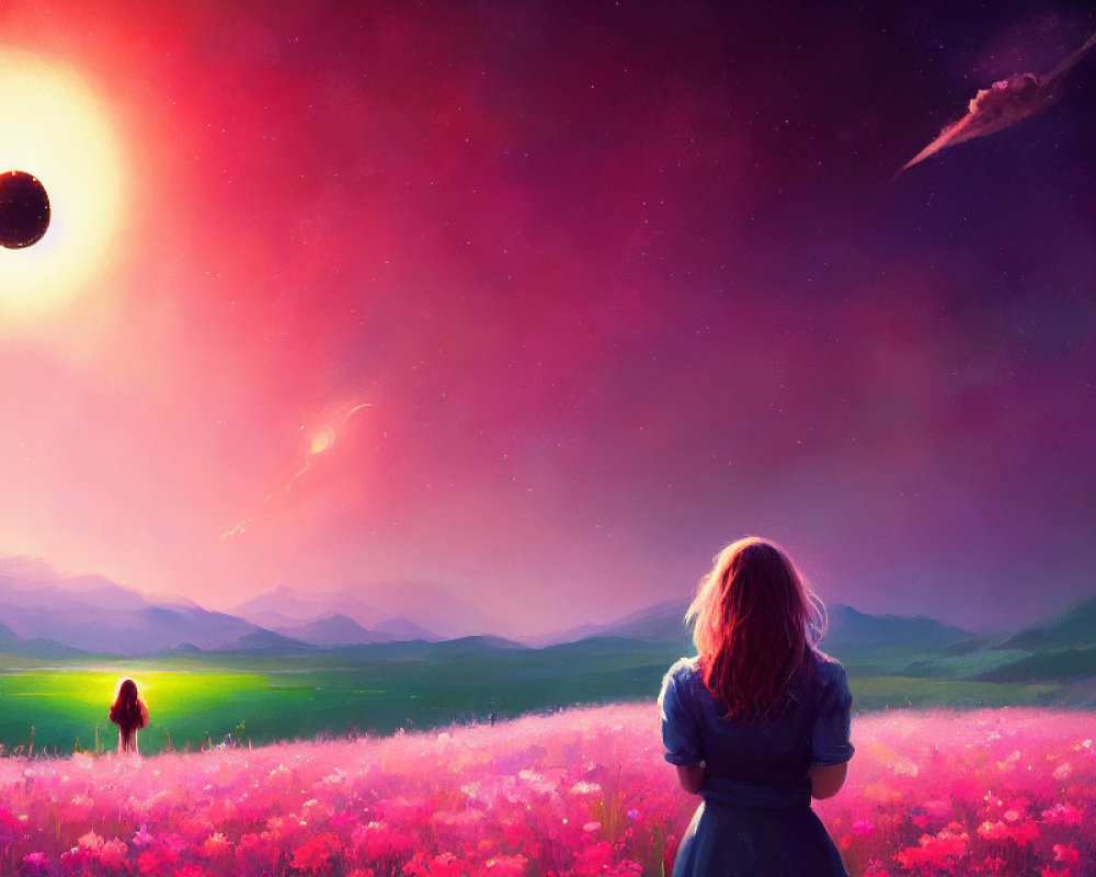 Colorful artwork of two girls in flower field under fantastical sky