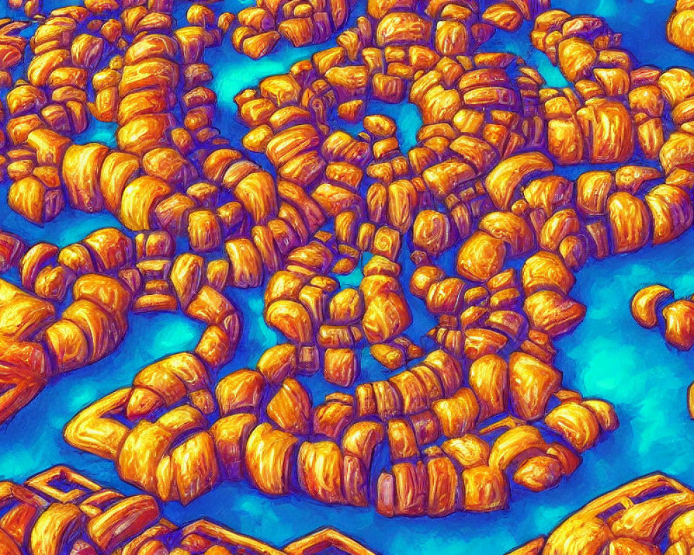 Bright Blue Background with Golden Croissants in Spiral Pattern