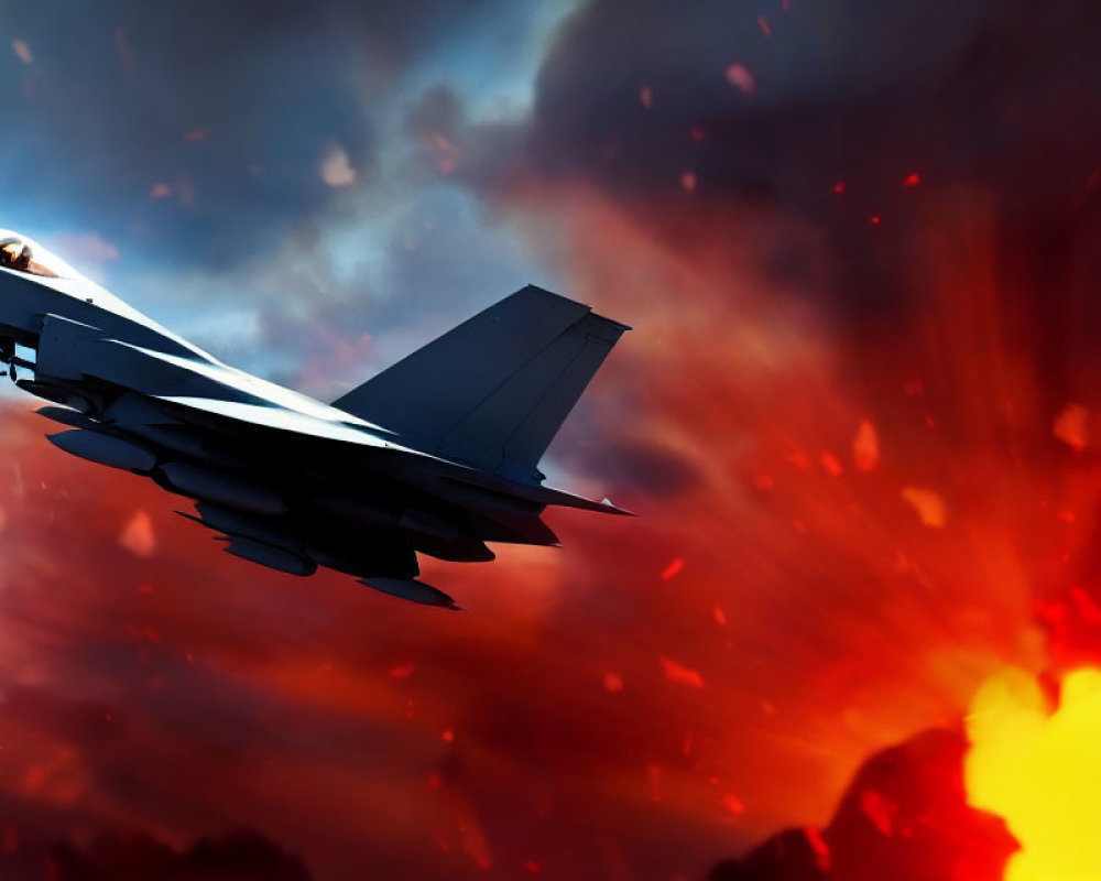 Jet fighter aircraft ascending in fiery sky with dramatic clouds