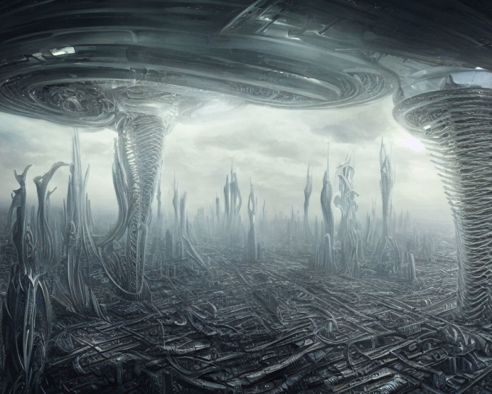 Futuristic city with towering spires under large alien spacecraft