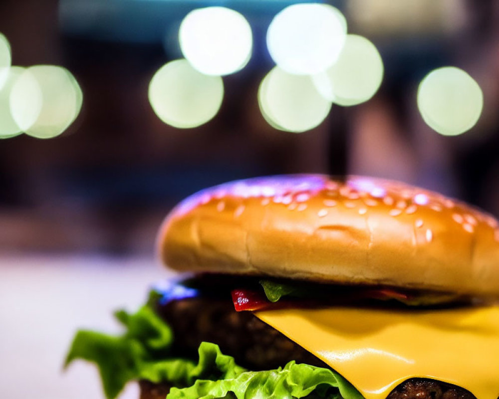 Succulent cheeseburger with lettuce and sauce on blurred background