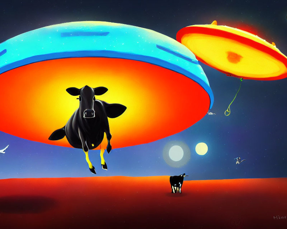 Colorful UFOs abducting cows in vibrant twilight sky