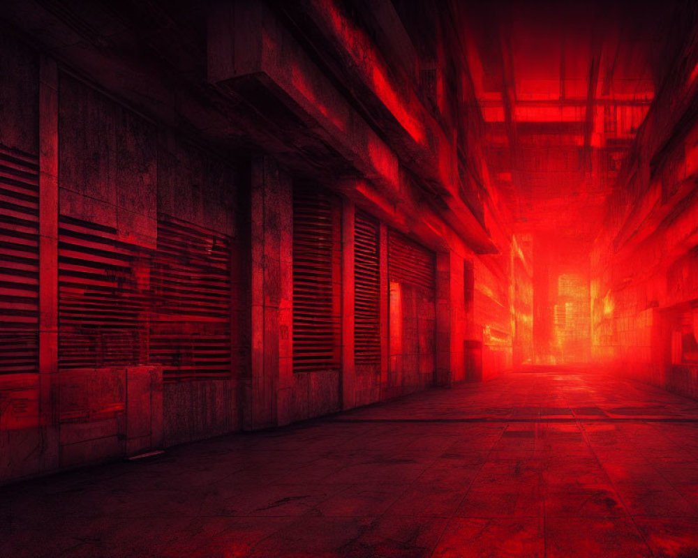 Red-lit industrial alleyway with closed shutters and glowing haze